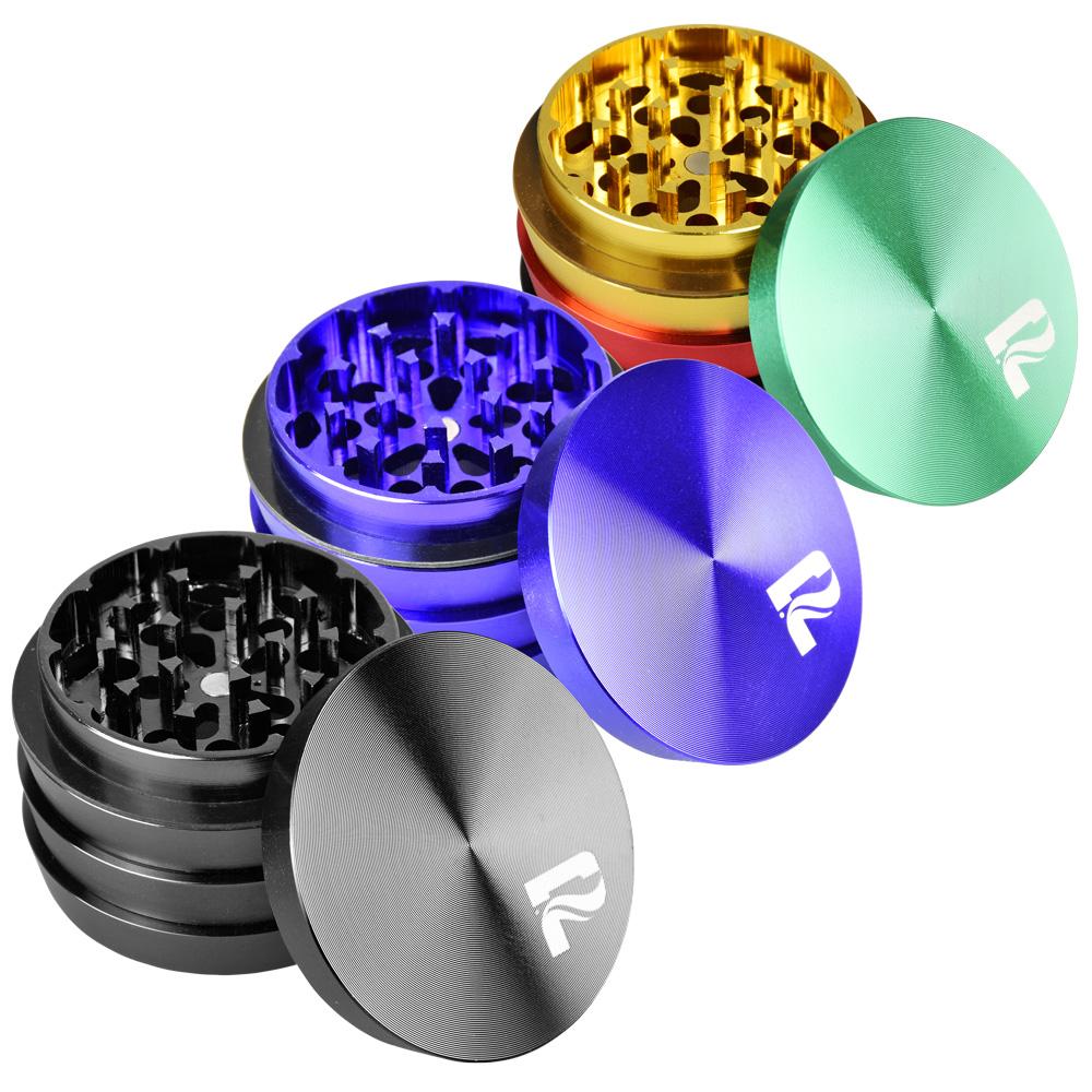 Pulsar 2" Aluminum 4pc Grinders in various colors with compact design for dry herbs