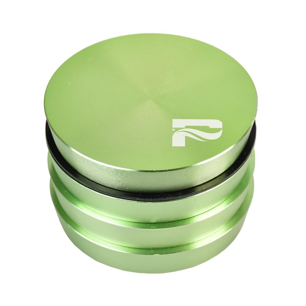 Pulsar 2" Green Aluminum 4pc Grinder, compact design, top view on white background