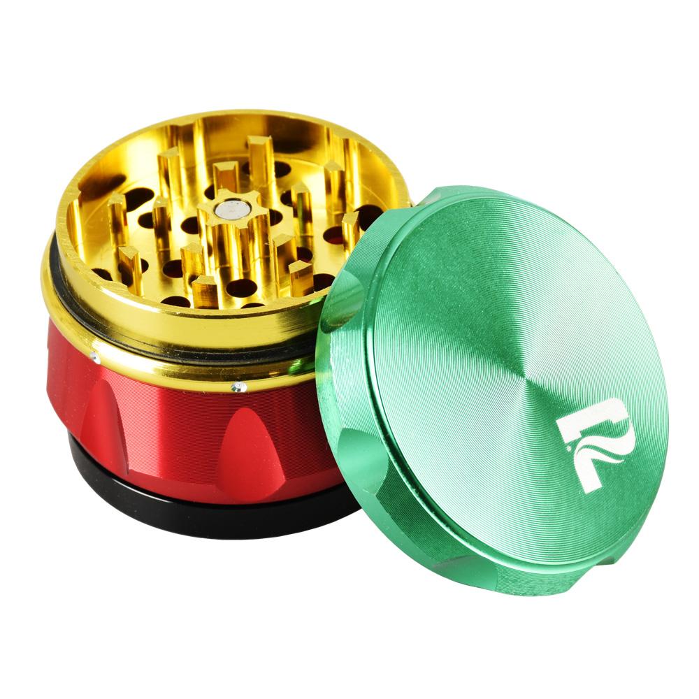 Pulsar 2" Carver 4-Piece Grinder in red and green, compact steel design, for dry herbs