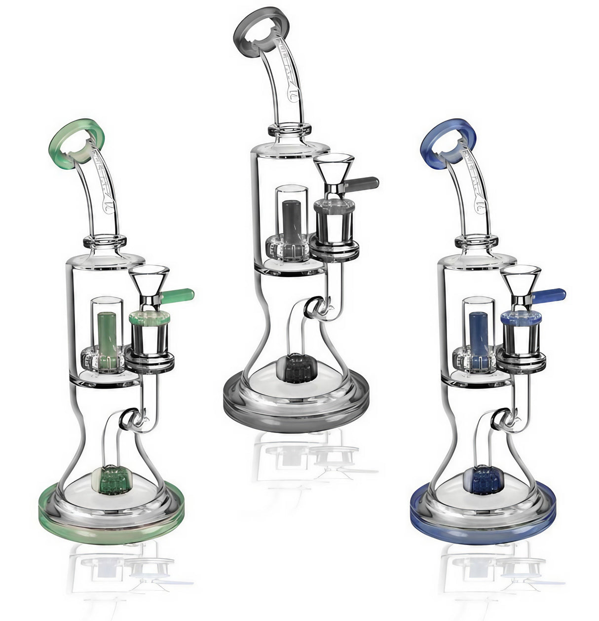 Pulsar 2 Tier Waterpipe trio in assorted colors with a clear borosilicate glass body, front view