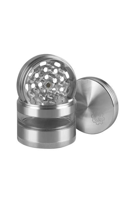 Pulsar 2.5" Aluminum 4pc Grinder with transparent stash window, showcasing sharp teeth and textured grip.
