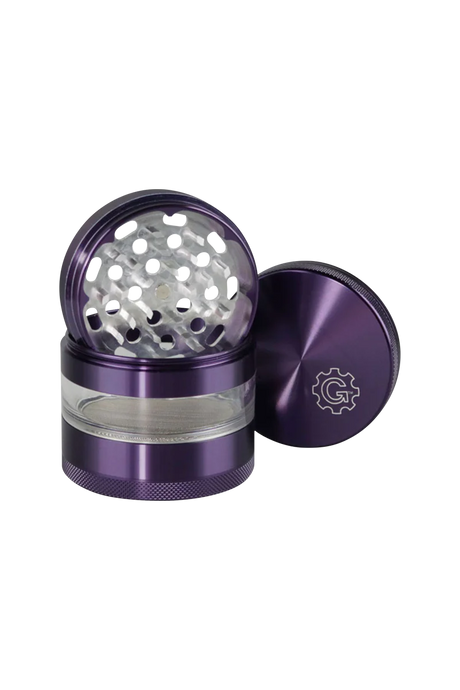 Pulsar 2.5" Aluminum 4-piece Grinder in purple with transparent stash window, top view
