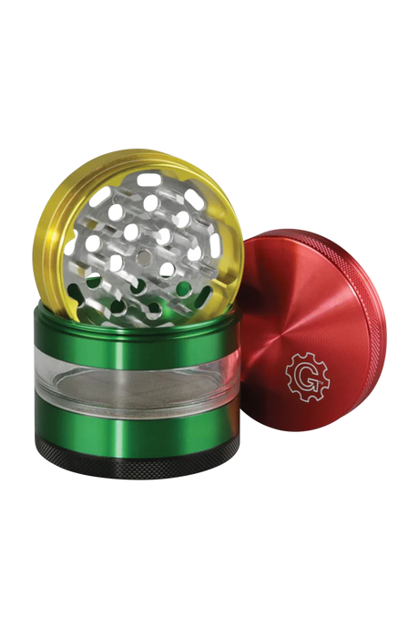 Pulsar 2.5" Aluminum 4pc Grinder with Stash Window in green and red