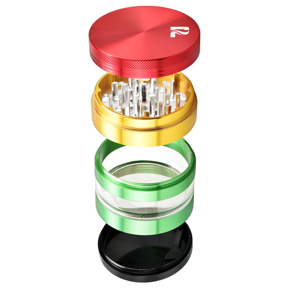 Pulsar 2.5" Aluminum 4-piece Grinder with Stash Window in Red, Gold, Green, and Black