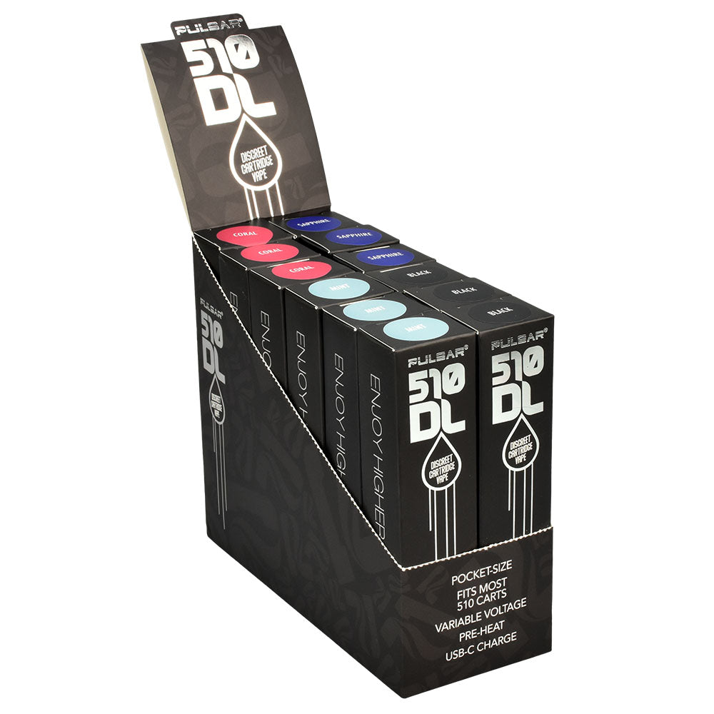 Pulsar 510 DL Vape Pen display box, showcasing variable voltage pens for concentrates