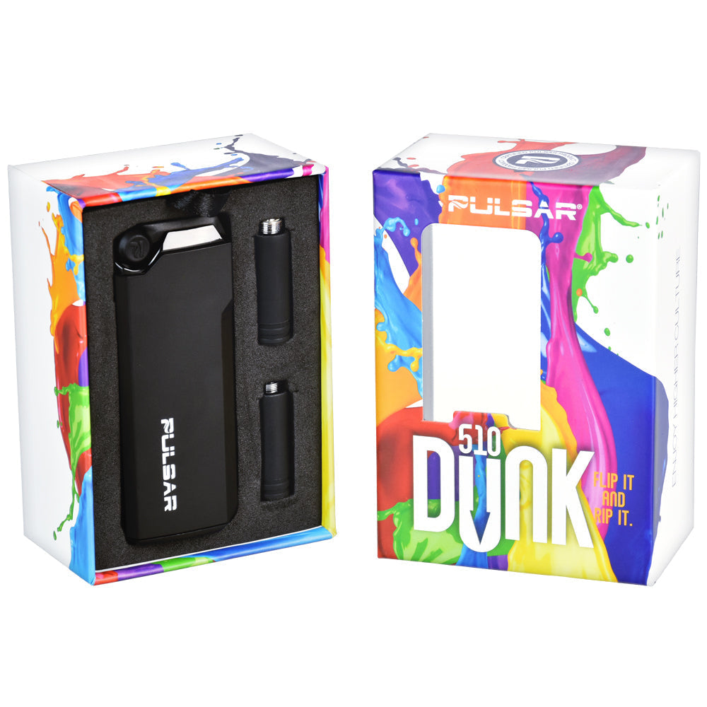 Pulsar 510 Dunk 2-In-1 Vaporizer with 750mAh battery, front view next to colorful packaging