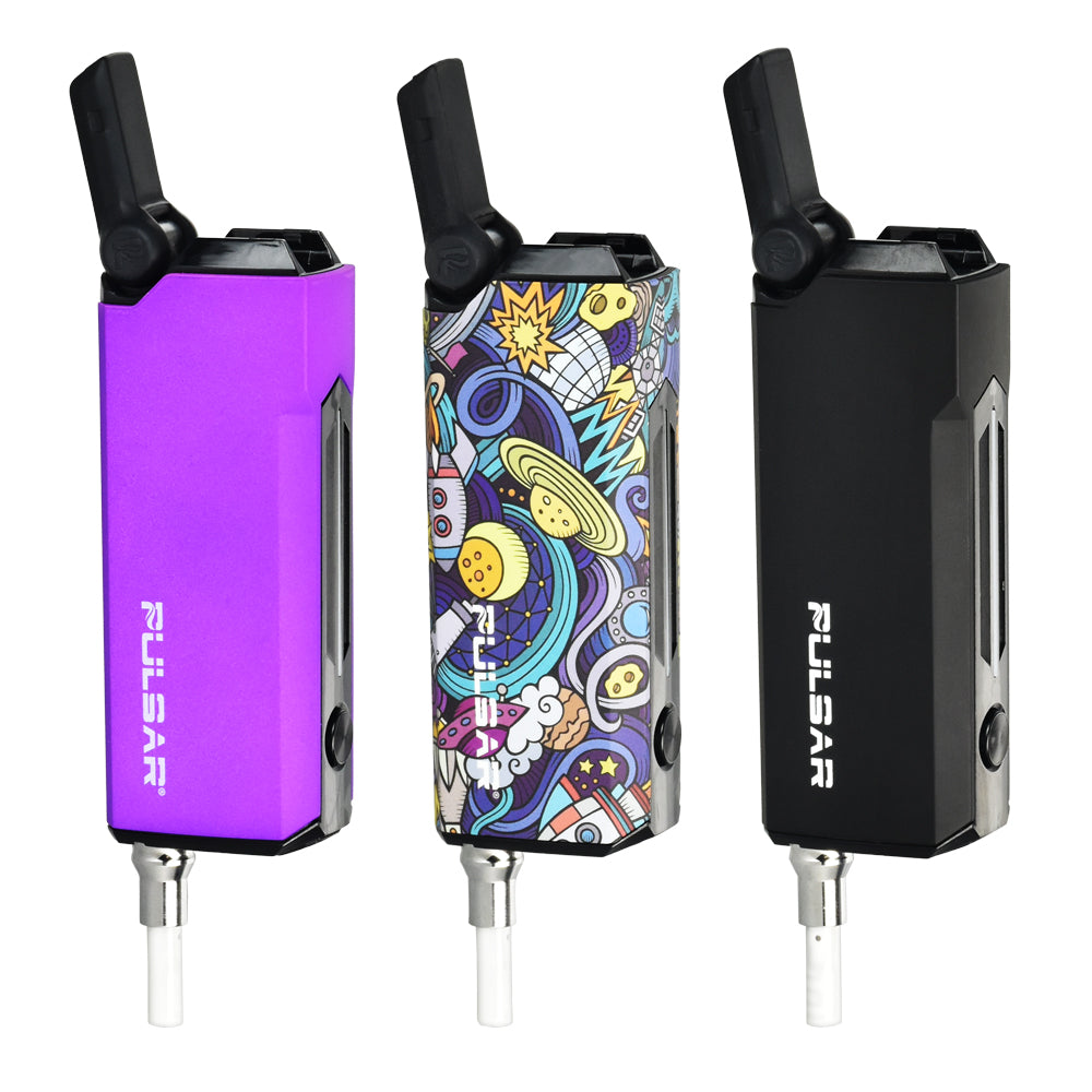 Pulsar 510 Dunk 2-In-1 Vaporizers in purple, graphic, and black, front view with cartridges attached