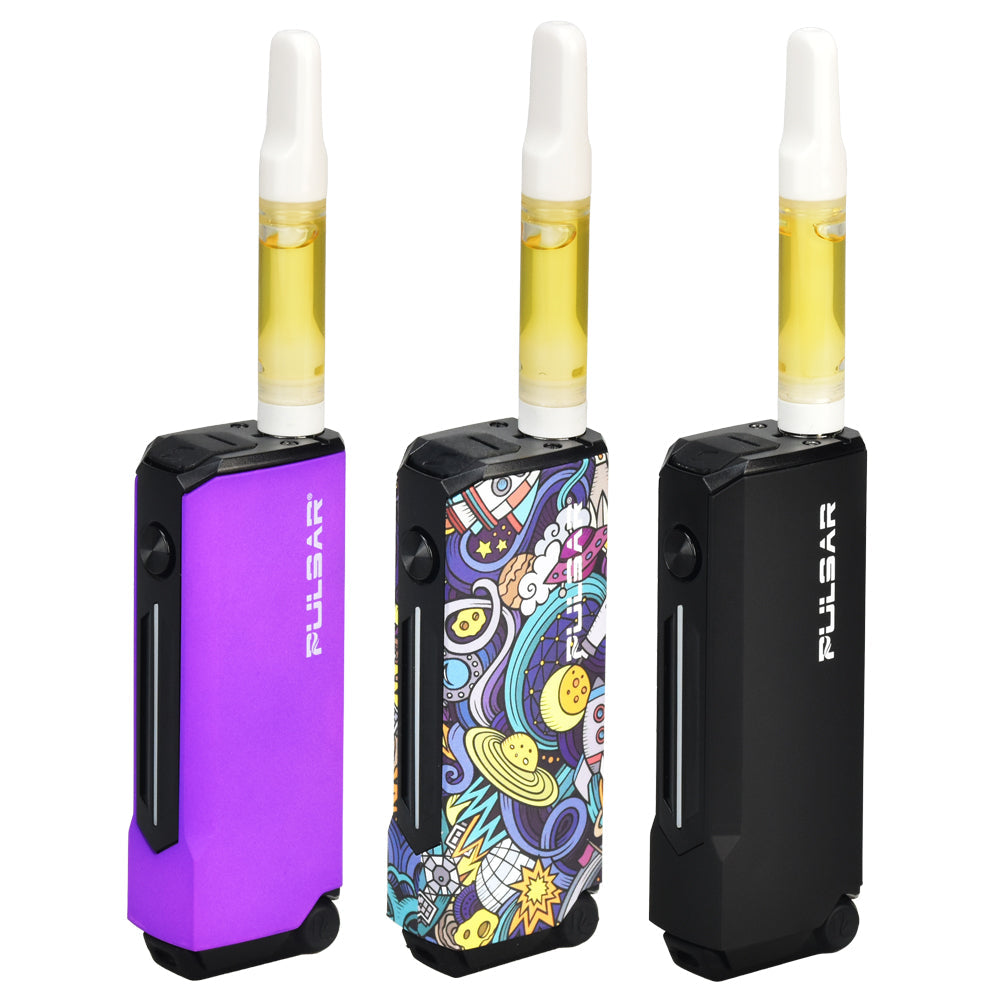 Pulsar 510 Dunk 2-In-1 Vaporizers in purple, graffiti, and black, front view, 750mAh battery