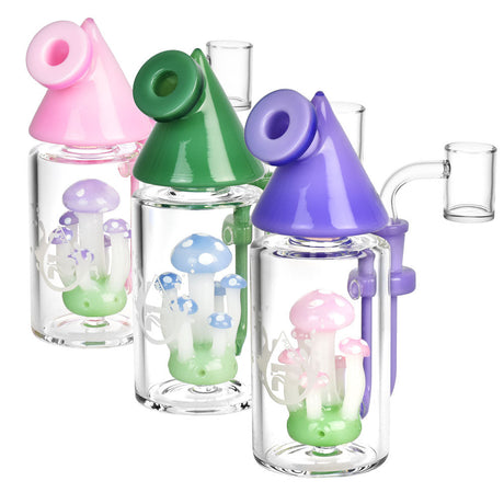 Pulsar Apex Shroom Dab Rig trio with colorful mushroom percolators, 14mm female joint, front and angled views