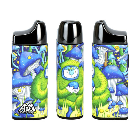 Pulsar APX Smoker V3 Electric Pipes with vibrant mushroom and creature design, front and angled views