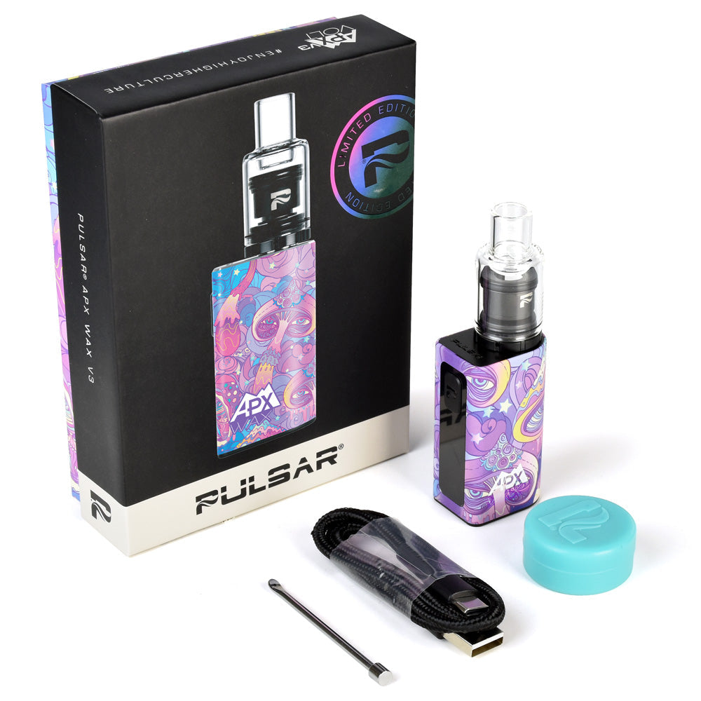 Pulsar APX Wax V3 Vaporizer with accessories and packaging, USB charger, dab tool, and silicone container