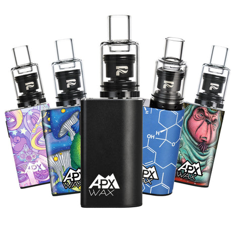 Pulsar APX Wax V3 Concentrate Vaporizer with various artistic designs, front view on white background