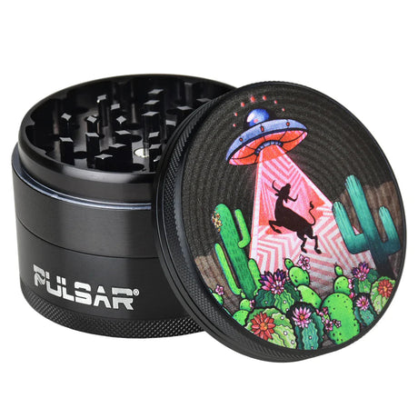 Pulsar 2.5" Artist Series Grinder with Psychedelic Abduction design, compact and portable