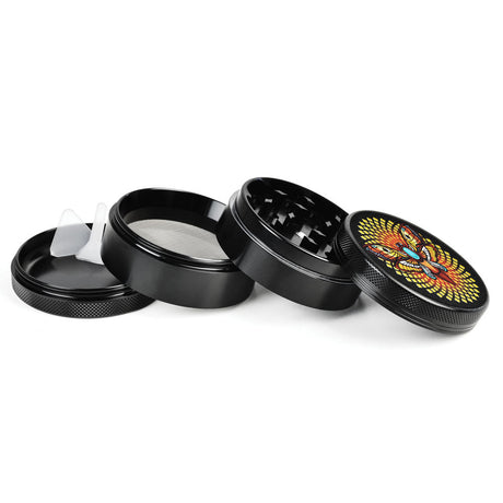 Pulsar 4pc Metal Grinder with Psychedelic Moth Design, Disassembled View on White