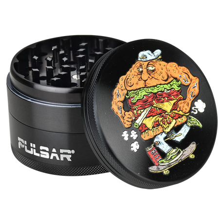 Pulsar Artist Series Grinder - Skateburger design on top, 2.5" 4-part steel grinder
