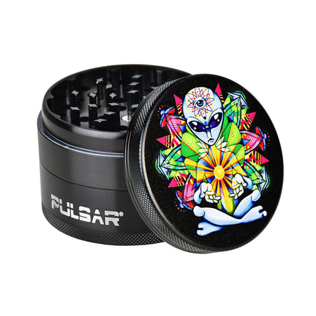 Pulsar 4pc Metal Grinder with Psychedelic Alien Design, 2.5" Size, Side View