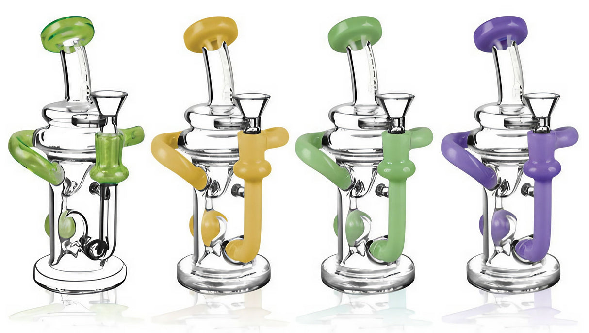 Pulsar Ball Recycler Water Pipes in various colors with steel balls, 7.5" height, side view