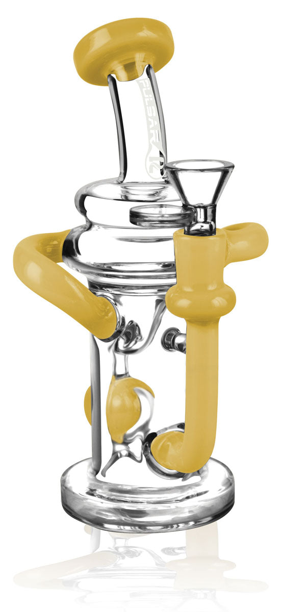 Pulsar Ball Recycler Water Pipe with yellow accents, 7.5" tall, 90-degree joint, front view