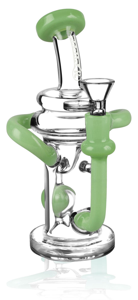 Pulsar Ball Recycler Water Pipe with green accents, 7.5" tall, 90-degree joint, front view on white background