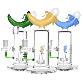 Pulsar Banana Rig in green, yellow, and blue with showerhead percolator for concentrates, side view