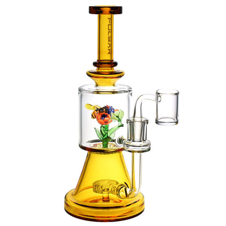 Pulsar Bee Flower Dab Rig with intricate glass art, 9.75" tall, front view on white background
