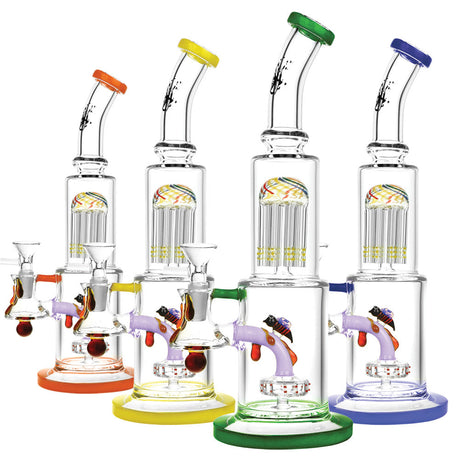 Pulsar Bee Tree Perc Water Pipes in assorted colors with angled mouthpieces, front view