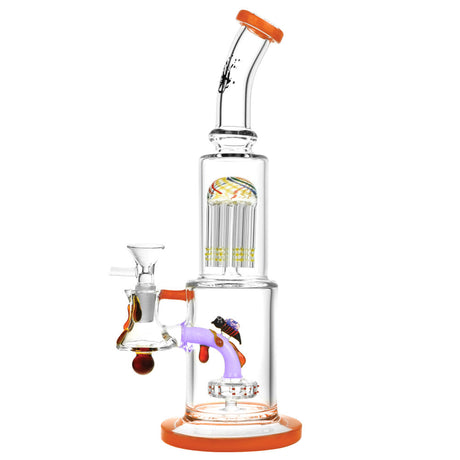 Pulsar Bee Tree Perc Water Pipe, 11.5" tall, with vibrant color accents and a clear borosilicate glass body, front view