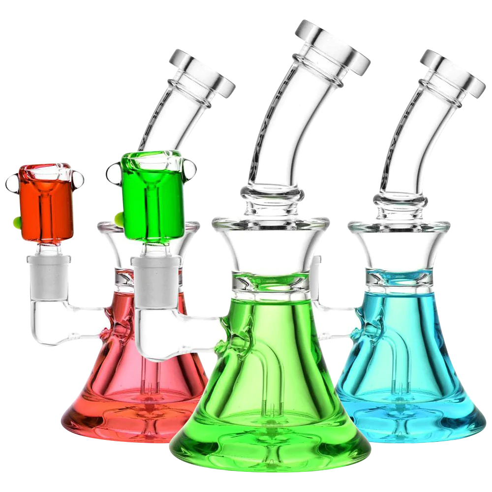 Pulsar Bell Glycerin Water Pipes in red, green, and blue with 90-degree joints, side view