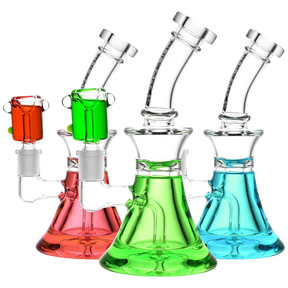 Pulsar Bell Glycerin Water Pipes in red, green, and blue with 90-degree joints, side view