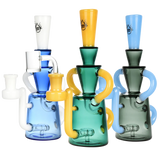 Pulsar Bi-Color Recycler Rigs in blue, green, and grey with disc percolators, front view