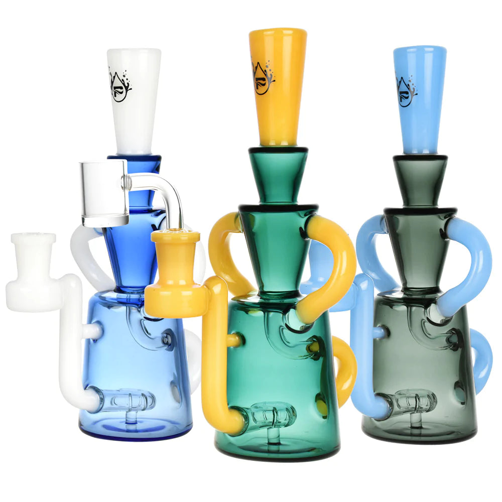 Pulsar Bi-Color Recycler Rigs in blue, green, and grey with disc percolators and 90-degree joints