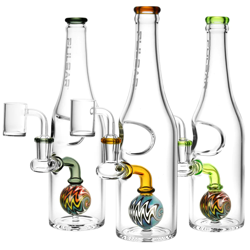 Pulsar Borosilicate Glass Bottle Style Dab Rigs with Quartz Bangers, Compact Design, 9.5" Tall