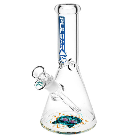 Pulsar Bottoms Up Sacred Cat Geometry Water Pipe, 10", 14mm F, Beaker Style, Borosilicate Glass