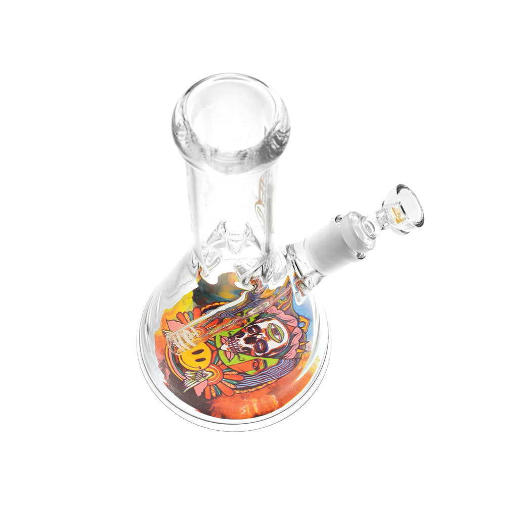 Pulsar Bottoms Up Trippin' Water Pipe, 10" tall, 14mm female joint, vibrant design, angled view