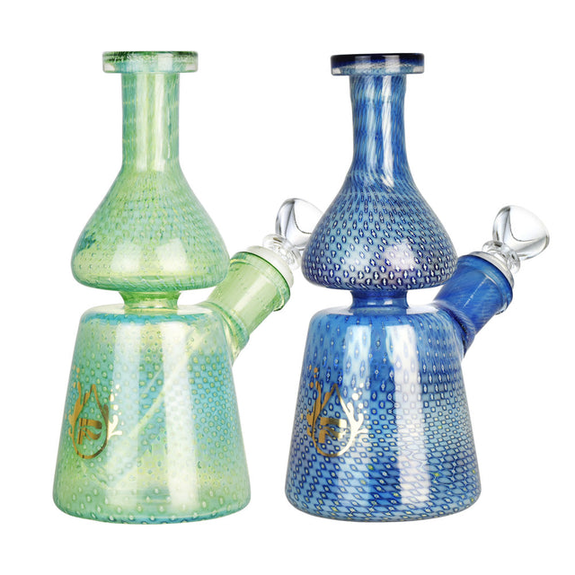 Pulsar Bubble Energy Water Pipes in green and blue with deep bowls, front view on white background