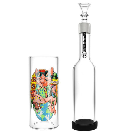 Pulsar Chill Cat Gravity Water Pipe, 11.5" tall, 19mm female joint, with colorful cat artwork
