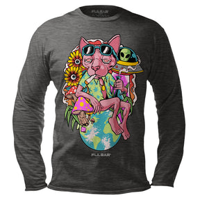 Pulsar Chill Cat Graphic Long Sleeve Shirt in Gray, Front View, Cotton, Available in Multiple Sizes