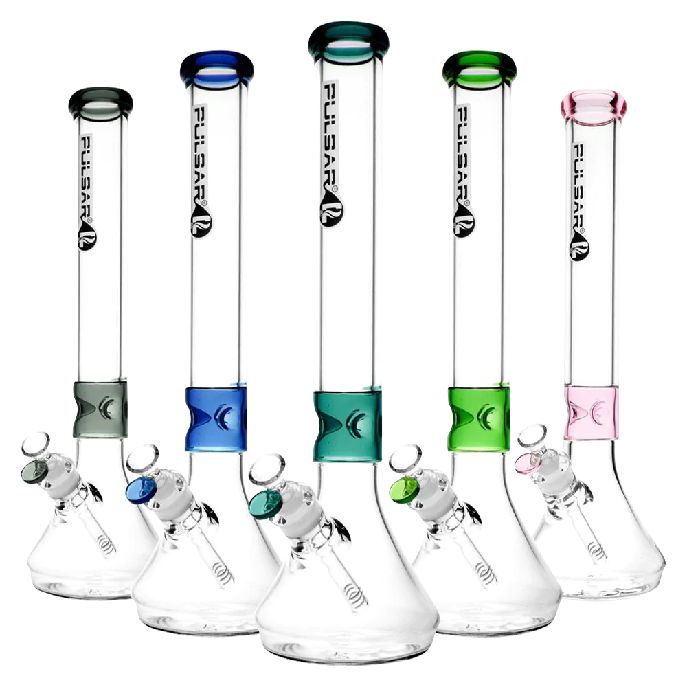 Pulsar Beaker Water Pipes with Color Accents, Slit-Diffuser Percolator, and Borosilicate Glass