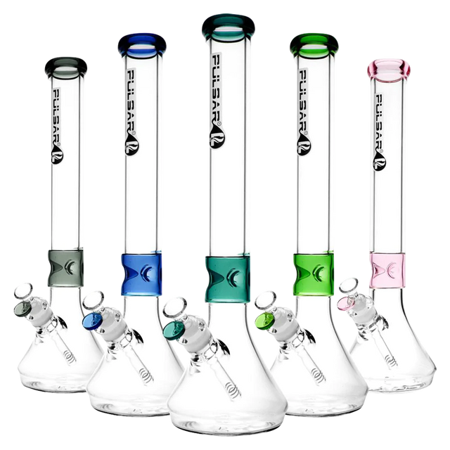 Pulsar Beaker Water Pipes with Color Accents, Slit-Diffuser Percolator, and Borosilicate Glass