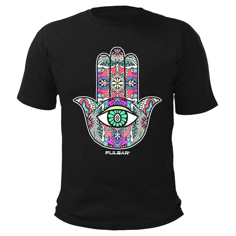 Pulsar Cotton T-Shirt in Black featuring Eye Hamsa design, front view on white background
