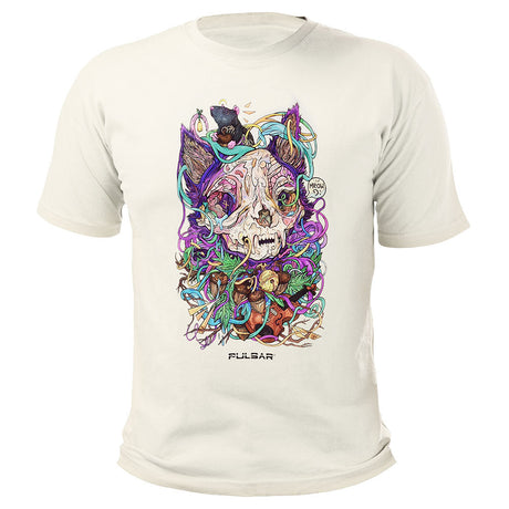 Pulsar Cotton T-Shirt in Tan with MrOw Psychedelic Skull Design, Front View
