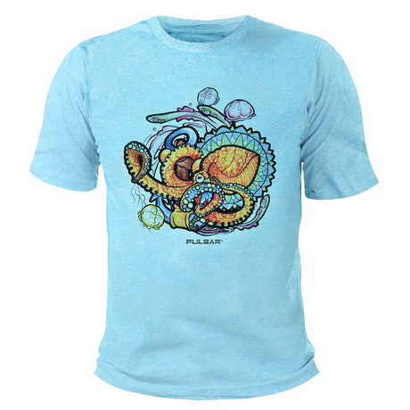 Pulsar Cotton T-Shirt in Blue featuring a Psychedelic Octopus design, front view on white background