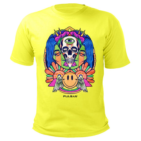 Pulsar Trippin' Cotton T-Shirt in Yellow with Psychedelic Print, Front View