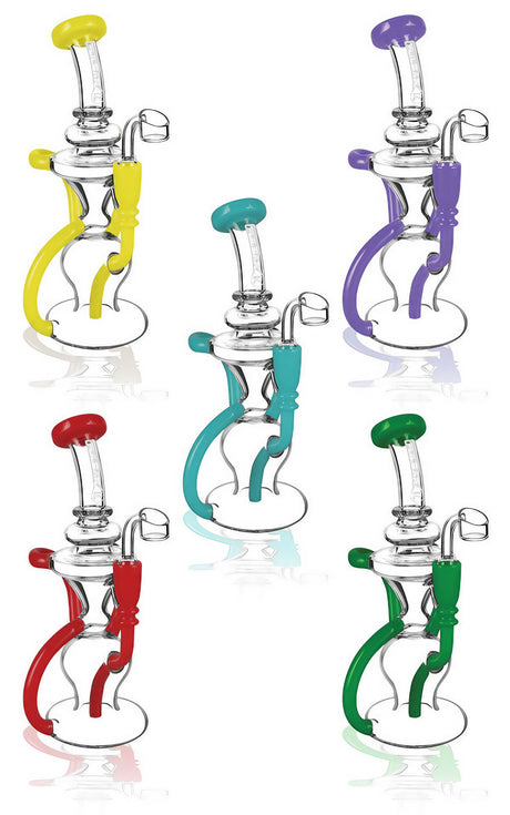 Assorted colors Pulsar Crazy Legs Recycler Rigs with 14mm female joint, 9" height, angled side view