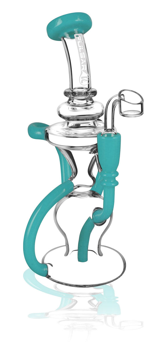 Pulsar Crazy Legs Recycler Rig, 9" with intricate glasswork and 14mm female joint, front view on white