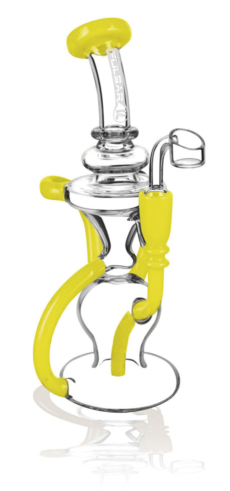 Pulsar Crazy Legs Recycler Rig in vibrant yellow, 9" height, 14mm female joint, borosilicate glass, front view