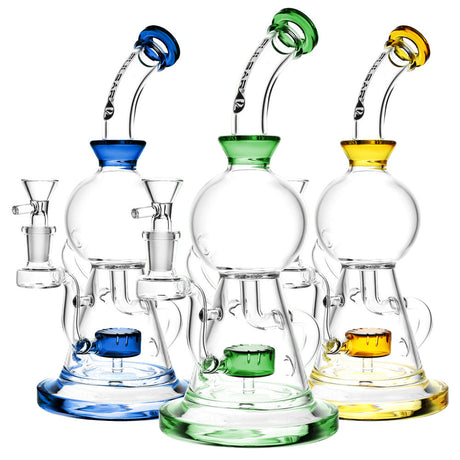 Pulsar Curves Recycler Water Pipes in blue, green, and yellow with showerhead percolators