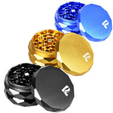 Pulsar Diamond Faceted Aluminum Grinders in black, blue, and gold, compact design, 2.25" diameter