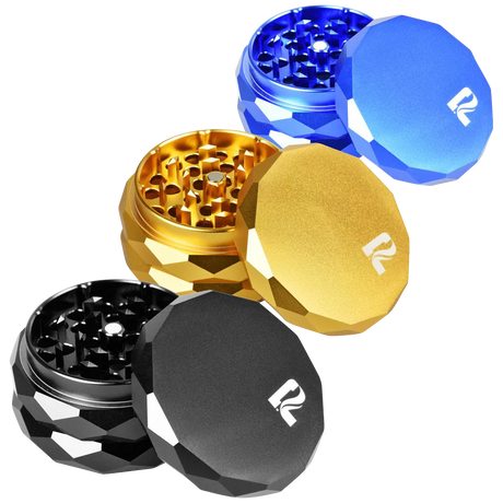 Pulsar Diamond Faceted Aluminum Grinders in Black, Blue, Gold - Compact and Portable