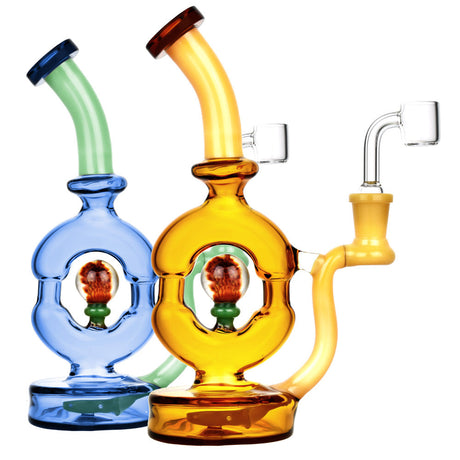 Pulsar Donut Oil Rigs in blue, green and yellow with in-line percolators, side view